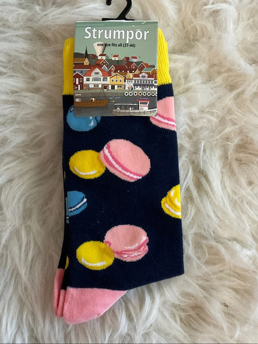 Men’s Navy Macaron Pattern Socks - Pink, Yellow, Blue Accents